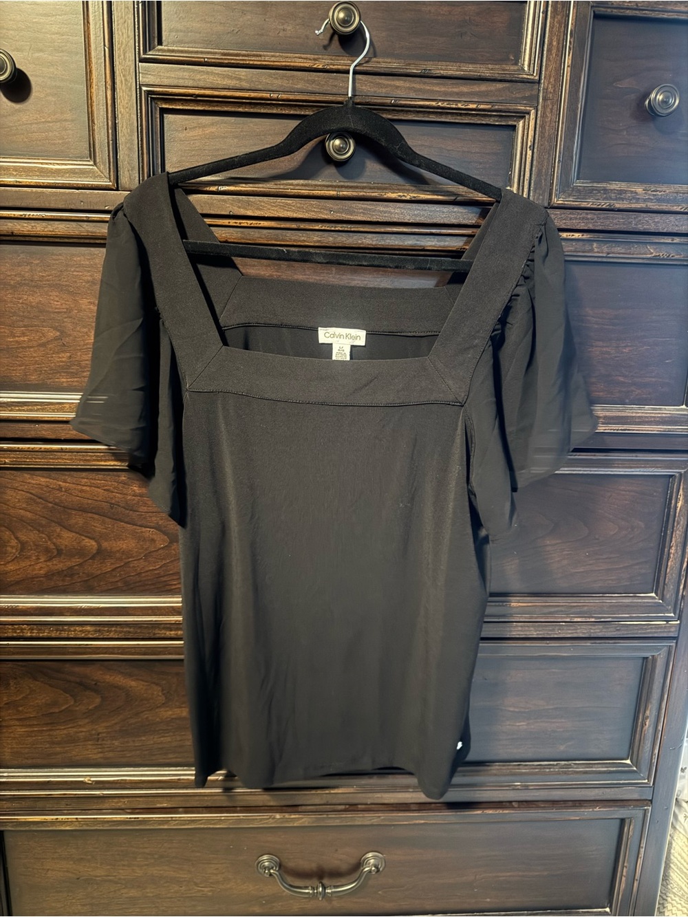 Calvin Klein Black Square-Neck Top with Sheer Flutter Sleeves size large